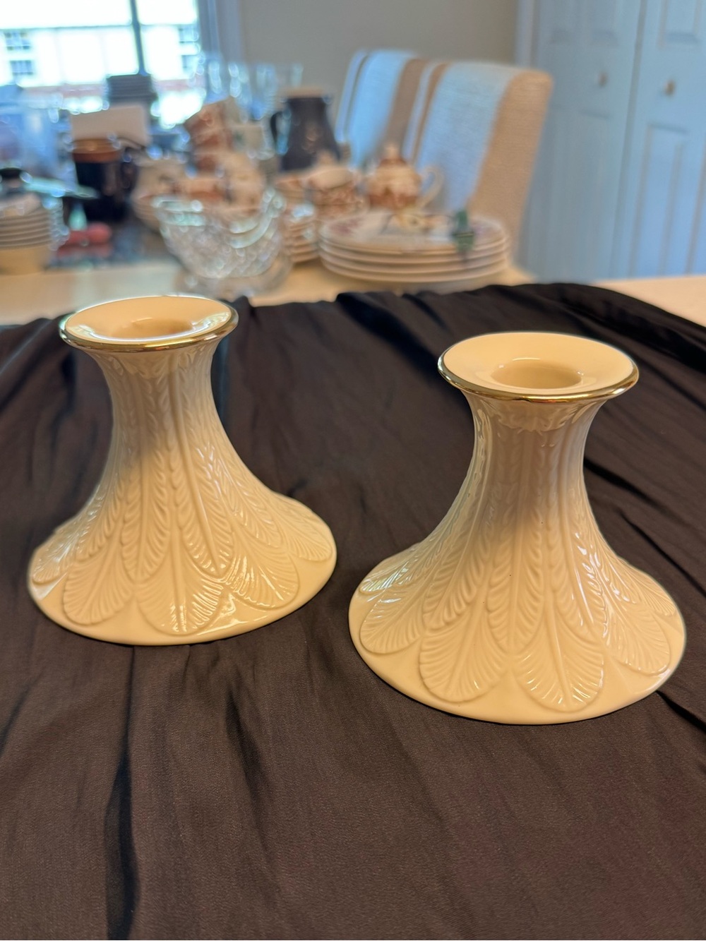 Lenox Cream Ceramic Candlestick Holders with Gold Trim - Pair